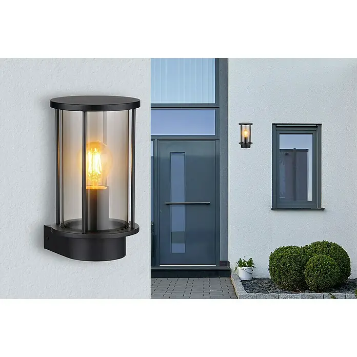 Globo Außenwandleuchte Gracey60 W, Anthrazit, IP54, Ohne automatischen Sensor - Moderne Außenwandleuchte mit Zylinderform und bernsteinfarbenem Glas. Die Lampe sorgt für eine warme und einladende Beleuchtung im Außenbereich.