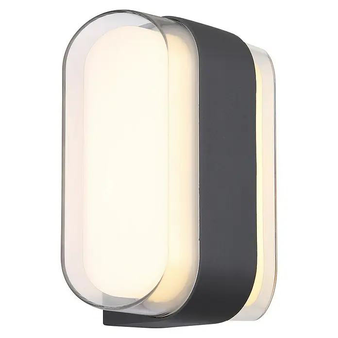 Globo LED-Außenwandleuchte Plixon - 7,8 x 16 x 12,5 cm - Moderne LED-Wandleuchte mit abgerundeten Formen und einem Gehäuse in Grau und Weiß, die ein warmes Licht erzeugt.