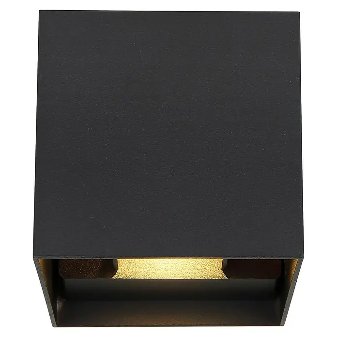 Globo LED-Wandleuchte Veronika - 3 W, 10 x 10 x 10 cm, IP54 - Nahaufnahme einer modernen, schwarzen Wandleuchte, die warmes, indirektes Licht spendet und ein stilvolles Ambiente schafft.