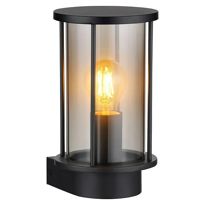Globo Aplique exterior Gracey - 60 W, 14,3 x 14,3 x 25,2 cm, Antracita, IP54, Sin sensor - Aplique de pared exterior negro con cilindro de vidrio y bombilla LED vintage iluminada.