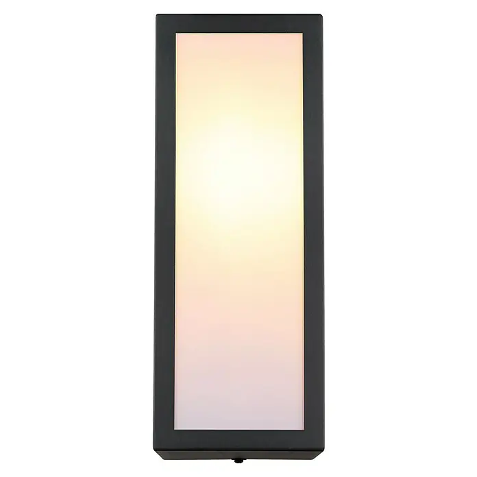 Globo LED-Außenwandleuchte Gundula - 60 W, 12 x 14 x 32 cm, Anthrazit, IP44, Ohne Lichtsensor - Nahaufnahme einer länglichen LED-Wandleuchte mit einem schlanken, dunklen Rahmen und sanftem, warmem Licht, ideal für moderne Innenräume.