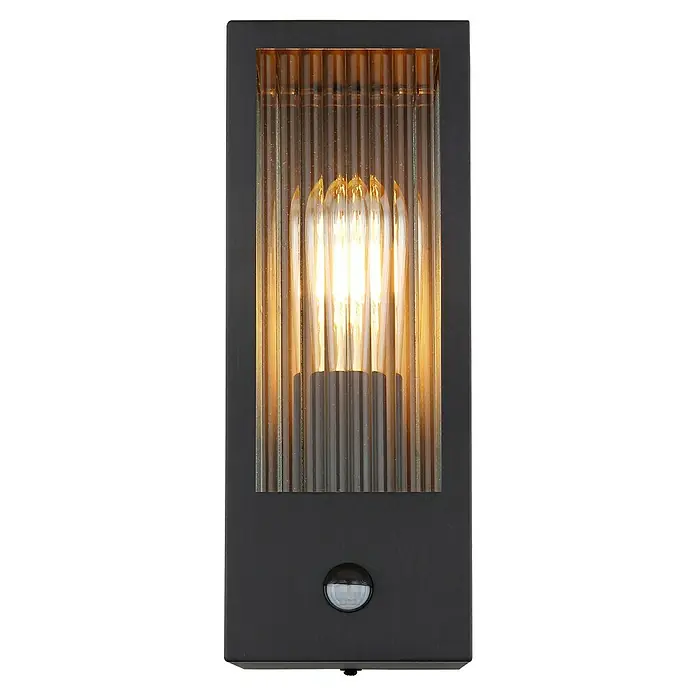 Globo Sensor-Außenleuchte Gundula - 60 W, L x B x H: 12 x 14 x 32 cm, Anthrazit - Schwarze Außenwandleuchte mit Wellglas, beleuchteten Vintage-Lampen und Bewegungssensor.