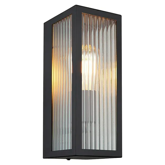 Globo Außenwandleuchte Gundula - 60 W, 12 x 14 x 32 cm, Anthrazit, IP44 - Schwarze Außenwandleuchte mit geriffeltem Klarglas und leuchtenden Glühbirnen, die warmes Licht abgeben.