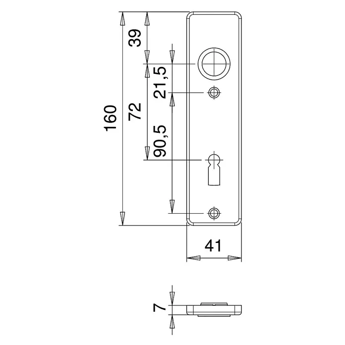 Portaferm Kurzschild - Distanznorm: 72 mm, Buntbart, Neusilber, Eckig - Technische Zeichnung einer Langschildgarnitur mit Maßen. Die Türbeschläge sind detailliert dargestellt, inklusive aller relevanten Abmessungen.