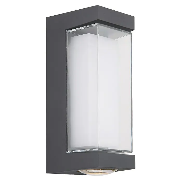 Globo LED-Außenwandleuchte Plixon - 8,2 x 7,5 x 18,7 cm - Nahaufnahme einer grauen Außenwandleuchte mit einem klaren, rechteckigen Gehäuse, das einen weißen Diffusor umgibt.