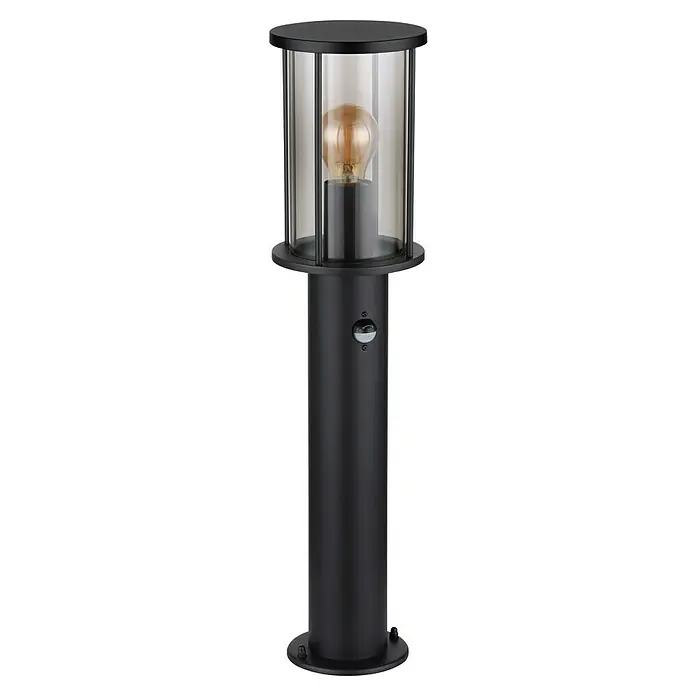 Globo Außensockelleuchte Gracey - Inklusive Sensor für automatisches Ein- und Ausschalten, 60 W, IP54, Höhe: 60 cm - Elegante schwarze Außenleuchte mit klarem Glas und einer warmen Glühbirne, die ein gemütliches Licht für Ihren Garten bietet.