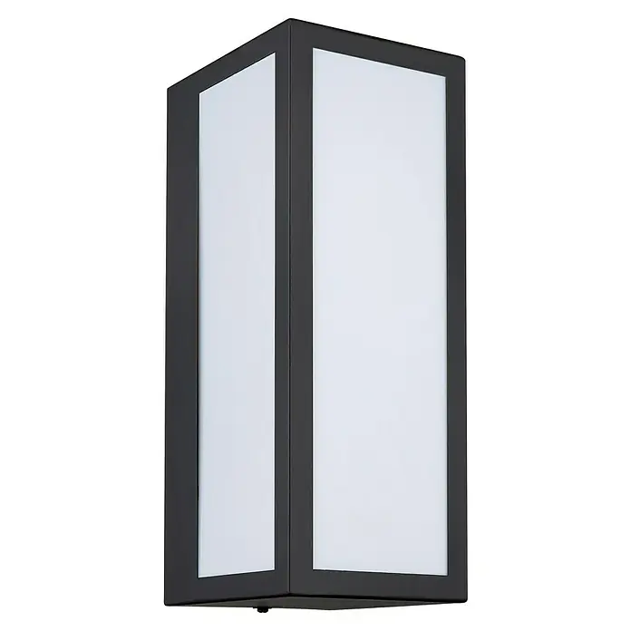 Globo LED-Außenwandleuchte Gundula - 60 W, 12 x 14 x 32 cm, Anthrazit, IP44, Ohne Lichtsensor - Nahaufnahme einer stilvollen schwarzen Außenwandleuchte mit weißen Paneelen, die ein modernes und elegantes Design zeigt.