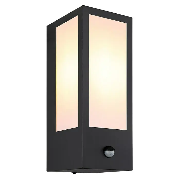 Globo LED-Außenwandleuchte Gundula - 60 W, 12 x 14 x 32 cm, Anthrazit, IP44, Lichtsensor - Moderne, schwarze Aussenleuchte mit Bewegungsmelder, die eine angenehme Beleuchtung für den Aussenbereich bietet.