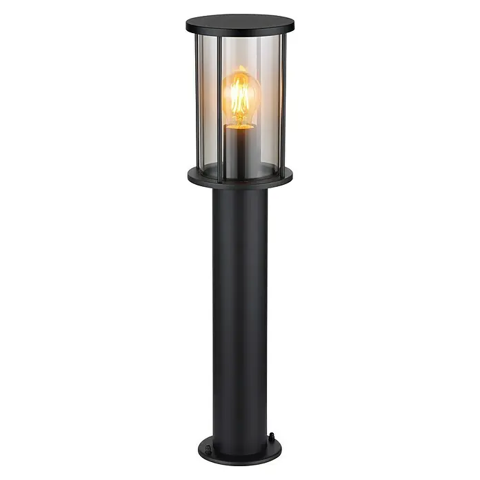 Globo Außensockelleuchte Gracey - Ohne Sensor, 60 W, IP54, Höhe: 60 cm - Eine moderne schwarze Gartenlampe mit einer klaren Glasabdeckung, die eine warm leuchtende Glühbirne zeigt.
