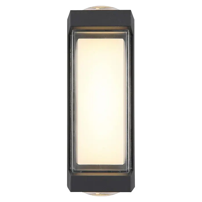 Globo LED-Außenwandleuchte Plixon - 8,2 x 7,5 x 18,7 cm - Nahaufnahme einer rechteckigen Wandleuchte mit einem schwarzen Rahmen und einer rechteckigen Milchglasscheibe in der Mitte.