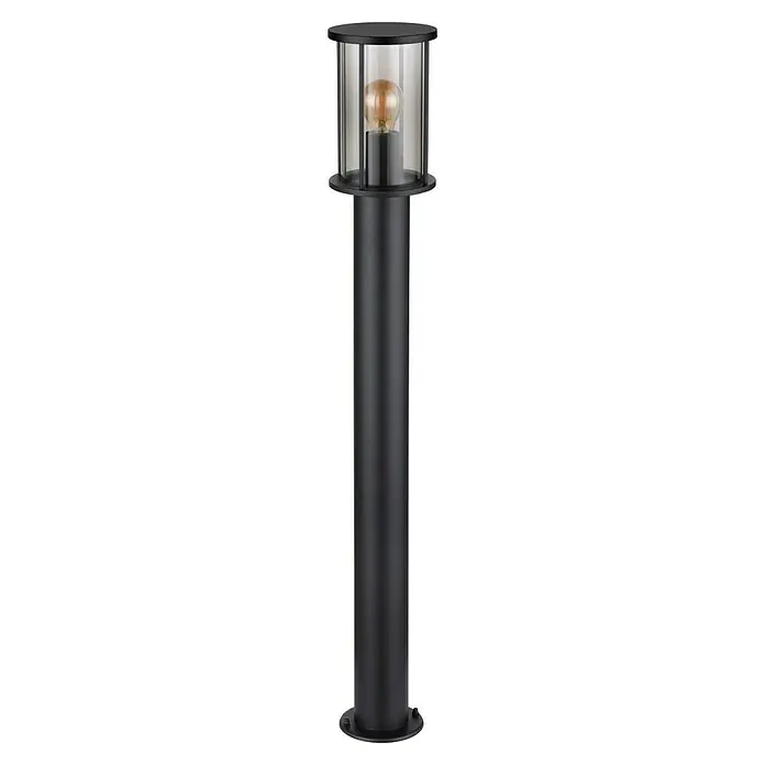Globo Sobremuro exterior Gracey - Sin sensor, 60 W, IP54, Altura: 100 cm - Una elegante luminaria de bolardo negra con vidrio transparente y una bombilla decorativa, que proporciona iluminación exterior ambiental.