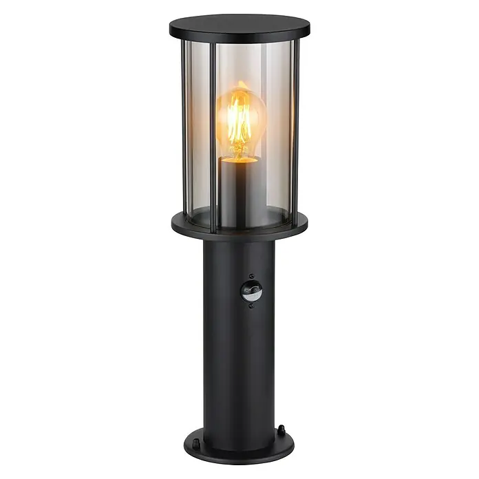 Globo Außensockelleuchte Gracey mit Sensor - Inklusive Sensor für automatisches Ein- und Ausschalten, 60 W, IP54, Höhe: 45 cm - Die stilvolle Außenleuchte in Schwarz mit klarem Glas und einer warm leuchtenden Glühbirne sorgt für eine angenehme Atmosphäre im Garten.