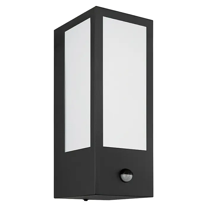 Globo LED-Außenwandleuchte Gundula - 60 W, 12 x 14 x 32 cm, Anthrazit, IP44, Lichtsensor - Nahaufnahme einer modernen, schwarzen Außenleuchte mit weißen Paneelen und Bewegungssensor.