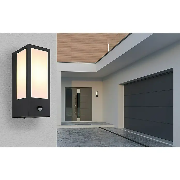 Globo LED-Außenwandleuchte Gundula - 60 W, 12 x 14 x 32 cm, Anthrazit, IP44, Lichtsensor - Moderne Außenwandleuchte mit Bewegungsmelder beleuchtet Eingangsbereich und Garage. Die Lampe ist schwarz mit weißen Lichtelementen.