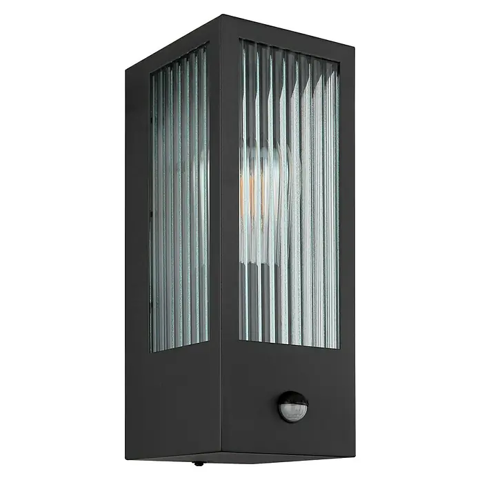 Globo Sensor-Außenleuchte Gundula - 60 W, L x B x H: 12 x 14 x 32 cm, Anthrazit - Dunkelgraue Außenwandleuchte mit gerippten Glasscheiben, sichtbarer Glühbirne und integriertem Bewegungssensor.