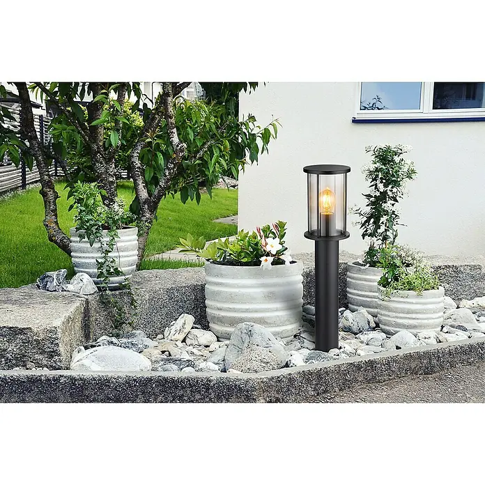 Globo Außensockelleuchte Gracey - Ohne Sensor, 60 W, IP54, Höhe: 60 cm - Gartenleuchte mit klarem Lampenschirm. Sie ist schwarz und hat ein dekoratives Leuchtmittel.