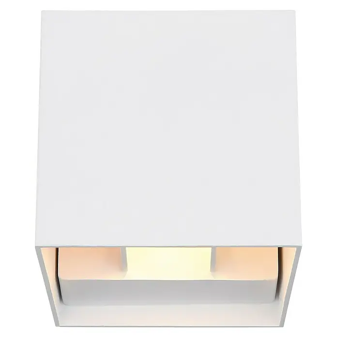 Globo LED-Außenwandleuchte Veronika - 3 W, 10 x 10 x 10 cm, Weiß, IP54 - Nahaufnahme einer modernen, quadratischen Deckenleuchte in Weiß, die ein warmes Licht abgibt. Ideal für minimalistische Innenräume.