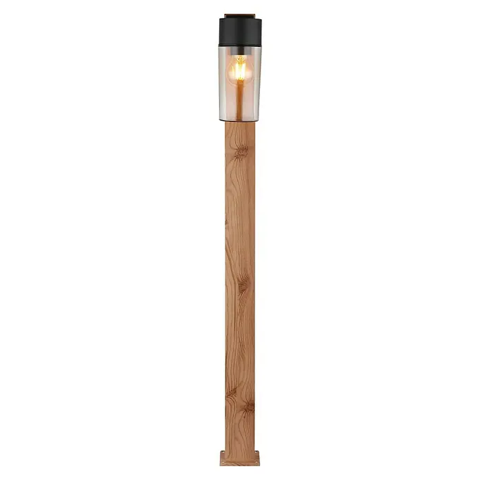 Globo Außensockelleuchte Etsi - 40 W, Farbe Gehäuse: Anthrazit, Holz, 9 x 14,5 x 100 cm, Ohne Leuchtmittel - Hohe hölzerne Außenpfostenleuchte mit schwarzem Oberteil, klarem Glasgehäuse und sichtbarer LED-Birne, Metallfuß.