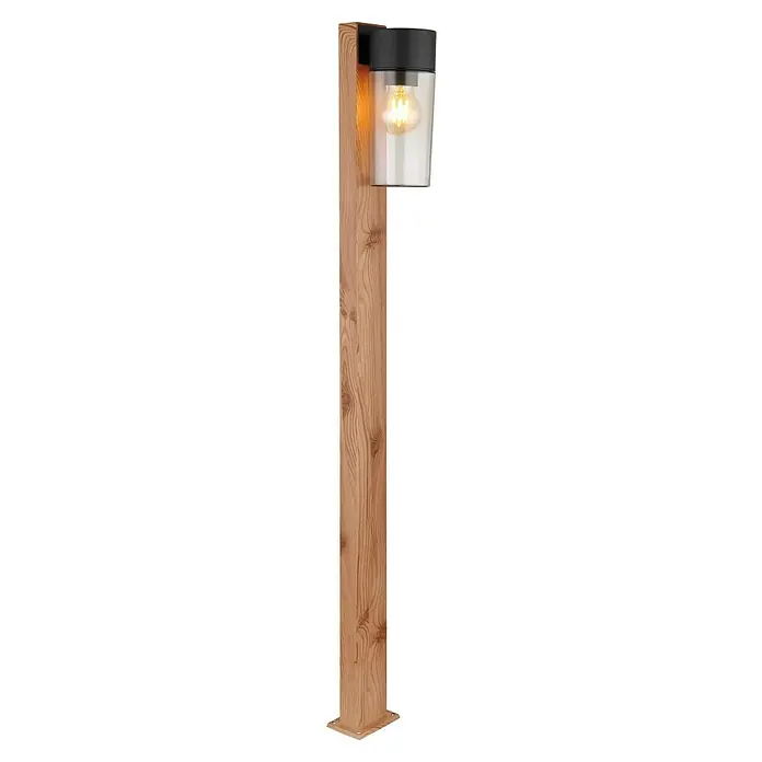 Globo Außensockelleuchte Etsi - 40 W, Farbe Gehäuse: Anthrazit, Holz, 9 x 14,5 x 100 cm, Ohne Leuchtmittel - Elegante Außenleuchte mit Holzpfosten und klarem Glas, die warmes Licht spendet und eine einladende Atmosphäre im Garten schafft.