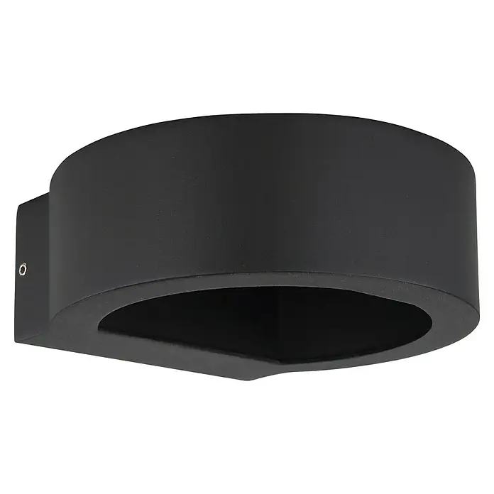 Globo LED-Außenwandleuchte Slice - 7 W, 15,6 x 16 x 5,5 cm, Anthrazit, IP54 - Nahaufnahme einer modernen schwarzen Wandleuchte, die ein elegantes, minimalistisches Design aufweist und indirektes Licht bietet.