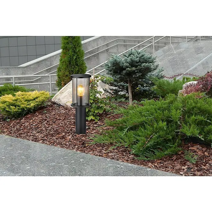 Globo Außensockelleuchte Gracey - Ohne Sensor, 60 W, IP54, Höhe: 45 cm - Die stilvolle Wegeleuchte aus schwarzem Metall mit klarem Glas und warmem Licht sorgt für eine einladende Atmosphäre im Garten.