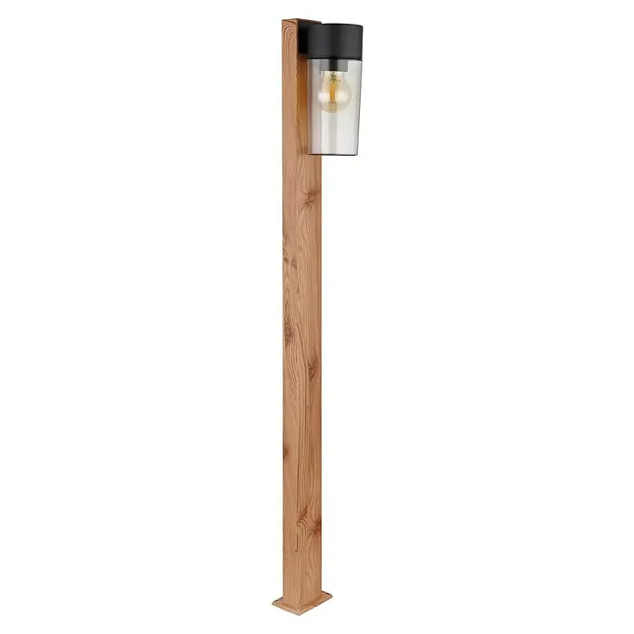 Globo Außensockelleuchte Etsi - 40 W, Farbe Gehäuse: Anthrazit, Holz, 9 x 14,5 x 100 cm, Ohne Leuchtmittel - Eine moderne Holzpfostenleuchte mit klarem Glasschirm und einer warmen Glühbirne, die ein gemütliches Licht für den Außenbereich spendet.