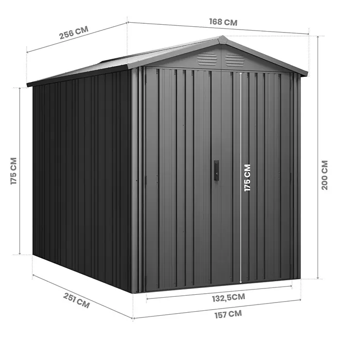 Hoggar Gerätehaus Pioneer Y50 - Außenmaß inkl. Dachüberstand (B x T): 168 x 256 cm, Anthrazit, Stahl, 4,3 m² - Abbildung eines Metallgartenhauses mit Größenangaben. Ideal für die Gartenaufbewahrung und Werkzeuglagerung.