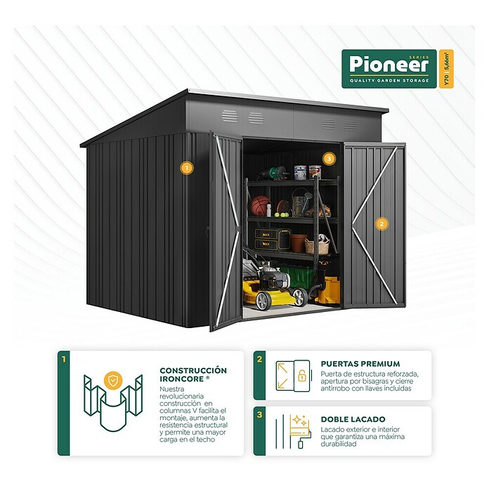 Hoggar Caseta para jardín Pioneer Y70 (Medidas ext. (An x Pr): 256 x 221 cm, Antracita, Acero, 5,66 m²) | BAUHAUS
