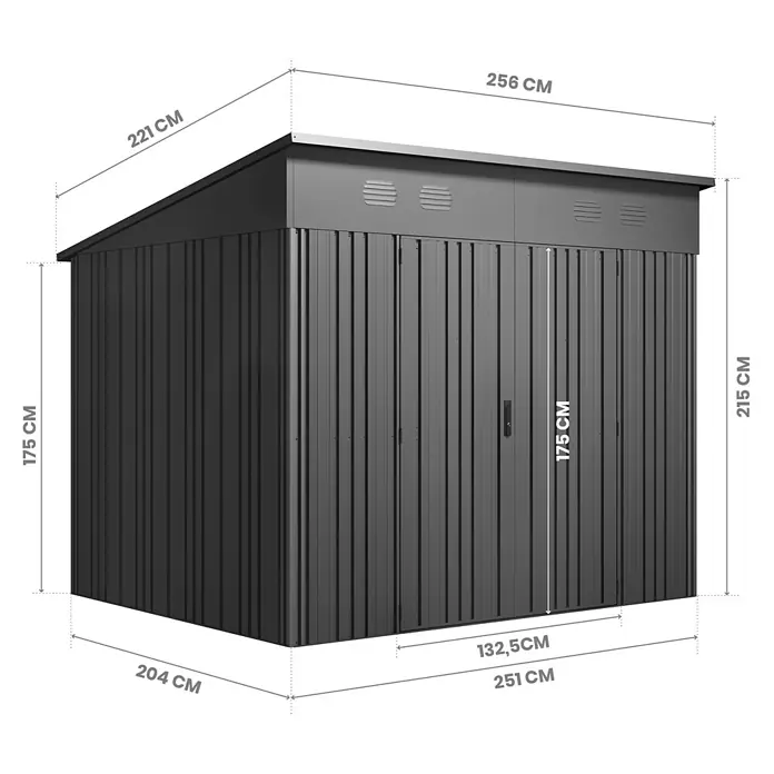 Hoggar Gerätehaus Pioneer Y70 - Außenmaß inkl. Dachüberstand (B x T): 256 x 221 cm, Anthrazit, Stahl, 5,66 m² - Abbildung eines grauen Metall-Geräteschuppens mit Maßangaben. Perfekt für die Gartenaufbewahrung und bietet ausreichend Platz.