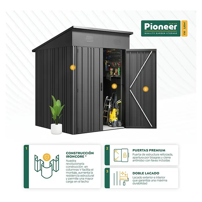 Hoggar Gerätehaus Pioneer Y30 - Außenmaß inkl. Dachüberstand (B x T): 162 x 174 cm, Anthrazit, Stahl, 2,82 m² - Bild eines Pioneer Gartenschuppens mit Ironcore-Konstruktion, Premium-Türen und doppelter Lackierung für maximale Haltbarkeit.