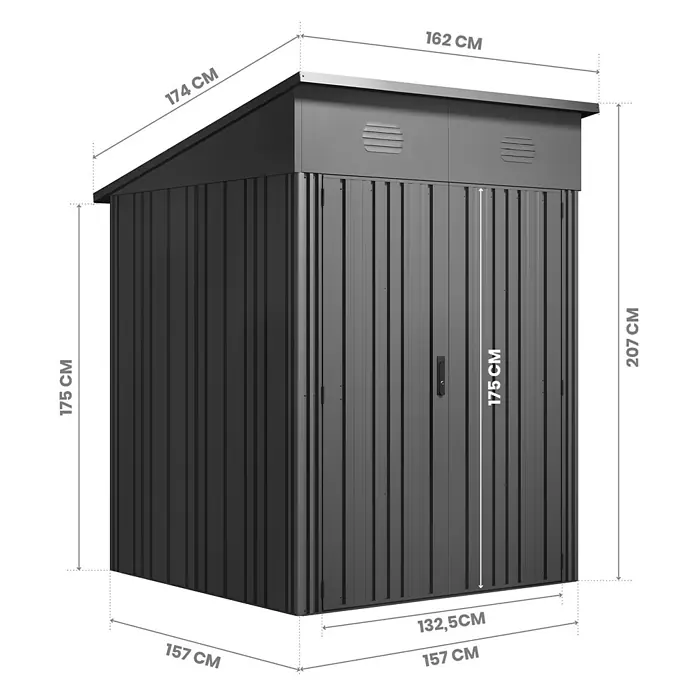Hoggar Gerätehaus Pioneer Y30 - Außenmaß inkl. Dachüberstand (B x T): 162 x 174 cm, Anthrazit, Stahl, 2,82 m² - Abbildung eines Gerätehauses mit den Abmessungen 174x162x207 cm und einer Türhöhe von 175 cm.