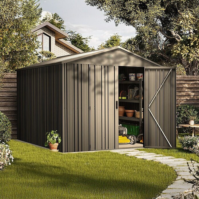 Hoggar Caseta para jardín Pioneer Y90 (Medidas ext. (An x Pr): 262 x 303 cm, Antracita, Acero, 7,94 m²) | BAUHAUS