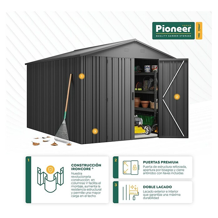 Hoggar Caseta para jardín Pioneer Y90 (Medidas ext. (An x Pr): 262 x 303 cm, Antracita, Acero, 7,94 m²) | BAUHAUS