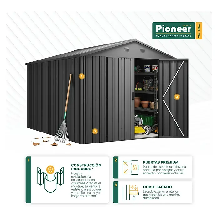 Hoggar Gerätehaus Pioneer Y90 - Außenmaß inkl. Dachüberstand (B x T): 262 x 303 cm, Anthrazit, Stahl, 7,94 m² - Das Pioneer Gartenhaus Y90 mit robustem Ironcore-System bietet langlebigen Stauraum. Premium-Türen und Doppelbeschichtung inklusive.