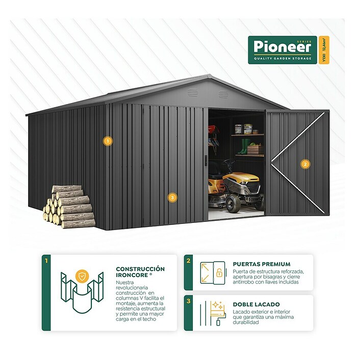 Hoggar Caseta para jardín Pioneer Y130 (Medidas ext. (An x Pr): 356 x 350 cm, Antracita, Acero, 12,46 m²) | BAUHAUS