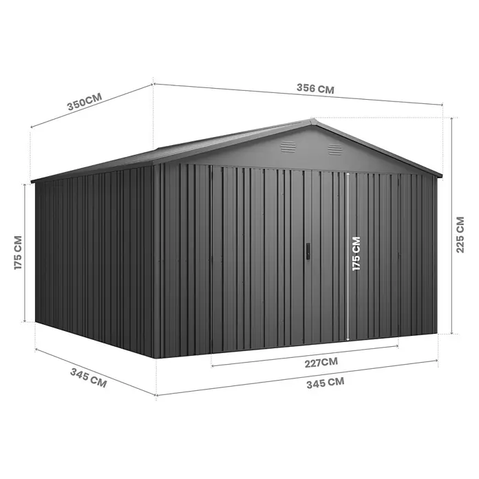 Hoggar Gerätehaus Pioneer Y130 - Außenmaß inkl. Dachüberstand (B x T): 356 x 350 cm, Anthrazit, Stahl, 12,46 m² - Bild eines grauen Metall-Gartenschuppens mit Maßangaben.