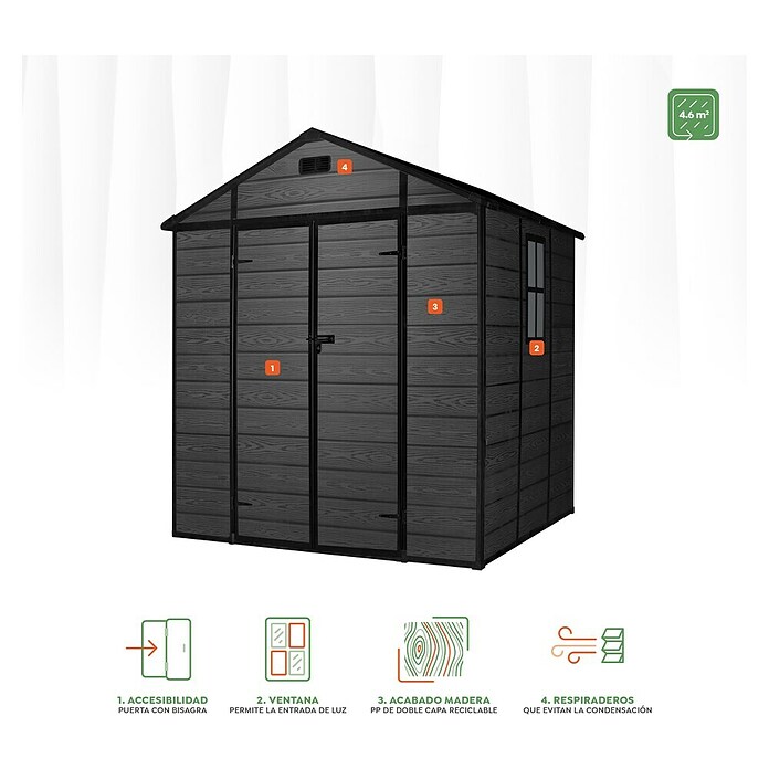 Hoggar Caseta de jardín One 4.6 Black (Medidas ext. (An x Pr): 229 x 200 cm, Plástico, Negro, Área: 4,6 m²) | BAUHAUS