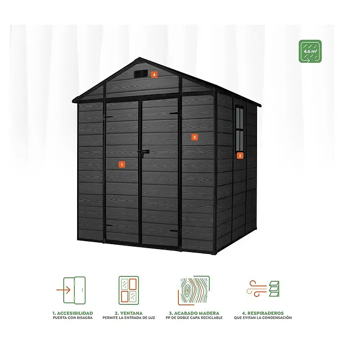 Hoggar Caseta de jardín One 4.6 Black - Medidas ext. (An x Pr): 229 x 200 cm, Plástico, Negro, Área: 4,6 m² - Caseta de herramientas espaciosa con puertas dobles, ventanas y respiraderos, perfecta para guardar equipos de jardín y más.