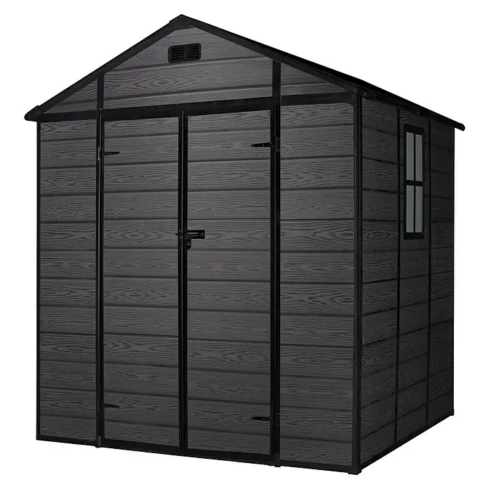 Hoggar Caseta de jardín One 4.6 Black - Medidas ext. (An x Pr): 229 x 200 cm, Plástico, Negro, Área: 4,6 m² - Imagen de un cobertizo de jardín de plástico gris con puertas dobles y una pequeña ventana lateral.