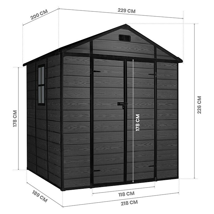 Hoggar Caseta de jardín One 4.6 Black (Medidas ext. (An x Pr): 229 x 200 cm, Plástico, Negro, Área: 4,6 m²) | BAUHAUS