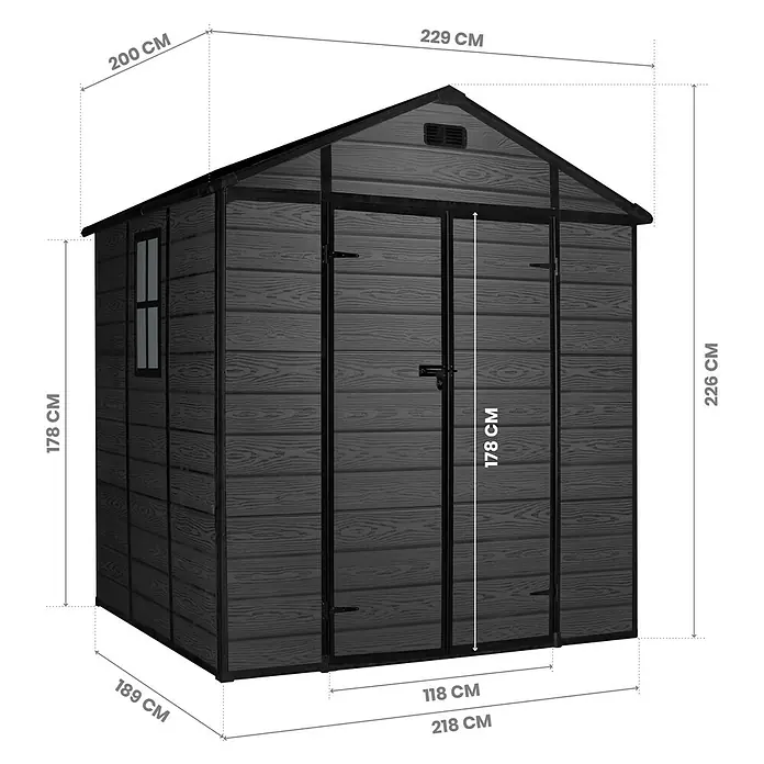 Hoggar Caseta de jardín One 4.6 Black - Medidas ext. (An x Pr): 229 x 200 cm, Plástico, Negro, Área: 4,6 m² - Ilustración de una caseta de jardín con dimensiones de alto, ancho y fondo. Ideal para almacenamiento en el jardín.