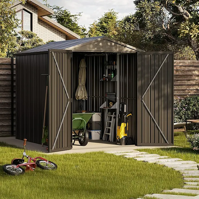 Hoggar Gerätehaus Pioneer Y50 - Außenmaß inkl. Dachüberstand (B x T): 168 x 256 cm, Anthrazit, Stahl, 4,3 m² - Geräumiges Gartenhaus mit offenstehenden Türen, das Werkzeuge, Gartengeräte und einen Hochdruckreiniger ordentlich aufbewahrt.