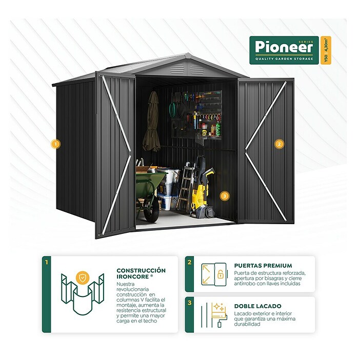 Hoggar Caseta para jardín Pioneer Y50 (Medidas ext. (An x Pr): 168 x 256 cm, Antracita, Acero, Área: 4,3 m²) | BAUHAUS