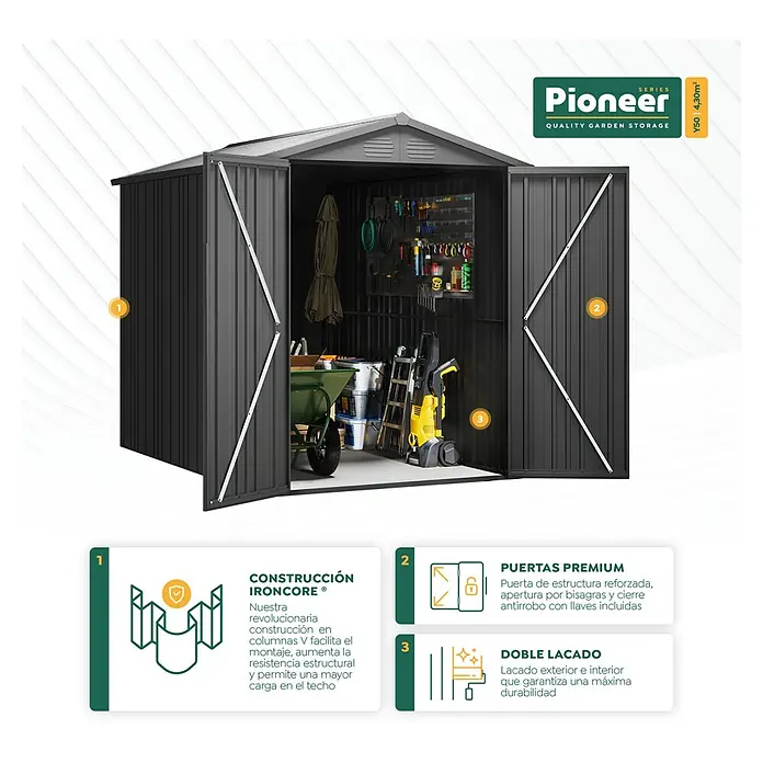 Hoggar Gerätehaus Pioneer Y50 - Außenmaß inkl. Dachüberstand (B x T): 168 x 256 cm, Anthrazit, Stahl, 4,3 m² - Abbildung eines Pioneer-Gartenschuppens mit weit geöffneten Türen, der seine robuste Konstruktion und sein geräumiges Inneres zeigt.