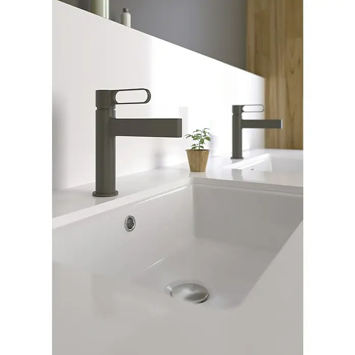 IO Dior Grifo de lavabo - Negro - Primer plano de un lavabo moderno con un elegante grifo negro mate y una pequeña maceta con una planta al lado.