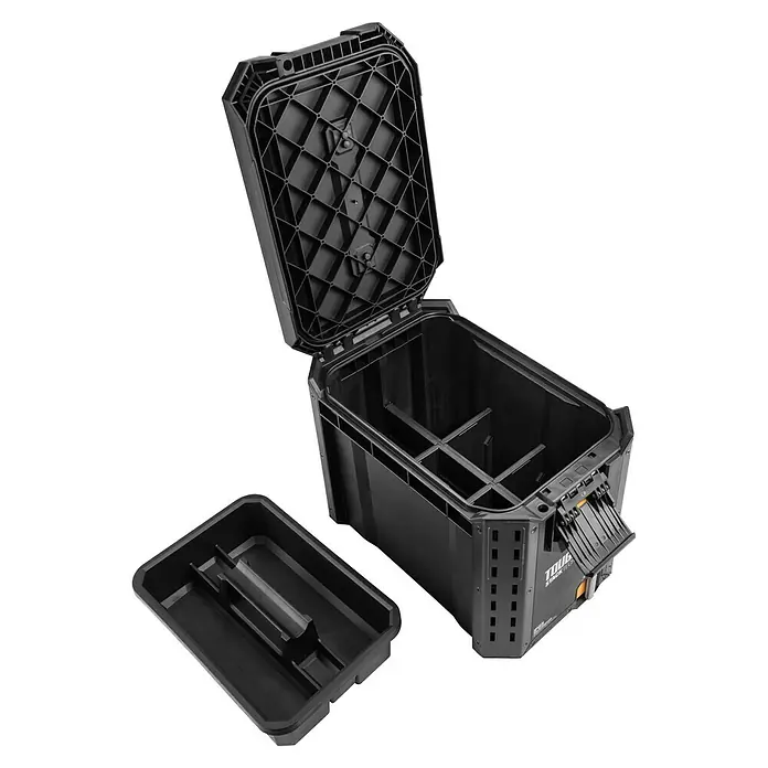 ToughBuilt StackTech Werkzeugkasten Compact - L x B x H: 40 x 26 x 34 cm, Kunststoff, Traglast: 34 kg - Abgebildete ist eine ToughBuilt TB-B1-B Werkzeugbox, ein vielseitiger Aufbewahrungsbehälter mit einem herausnehmbaren Fach und verstellbaren Trennwänden.
