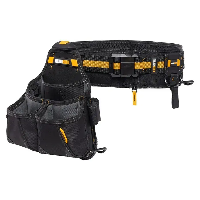 ToughBuilt ClipTech Bolsa para herramientas con cinturón TB-CT-102-3P - 3 pzs., Ajustable - Imagen de una bolsa de herramientas Toughbuilt con cinturón, ideal para artesanos. La bolsa es robusta y ofrece mucho espacio de almacenamiento.