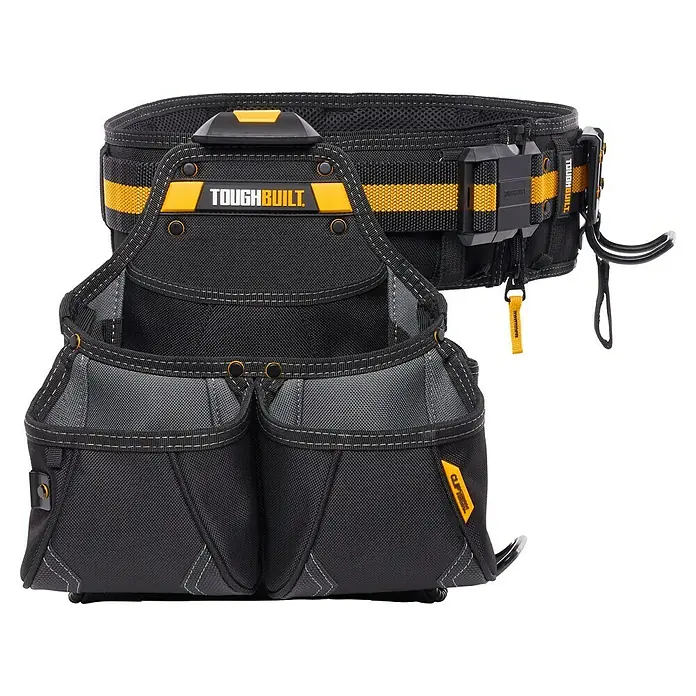ToughBuilt ClipTech Bolsa para herramientas con cinturón TB-CT-102-3P - 3 pzs., Ajustable - Un robusto cinturón de herramientas ToughBuilt con bolsillos, perfecto para cualquier manitas. El diseño negro con detalles amarillos combina funcionalidad y estilo.