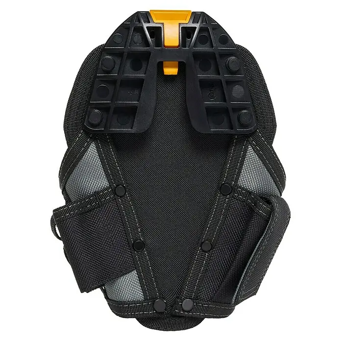 ToughBuilt ClipTech Werkzeug-Gürteltasche - L x B x H: 19 x 14 x 29 cm - Nahaufnahme einer schwarzen Werkzeugtasche mit gelbem Verschluss und grauen Akzenten, ideal für Handwerker. Robuste Bauweise.