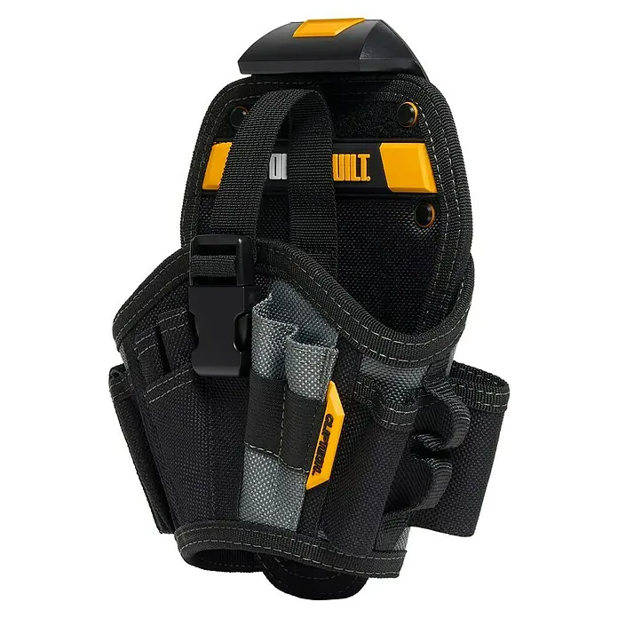 ToughBuilt ClipTech Werkzeug-Gürteltasche - L x B x H: 19 x 14 x 29 cm - Nahaufnahme eines schwarzen und gelben Werkzeuggürtels mit mehreren Taschen und einem ClipTech-Logo. Ideal für Handwerker.